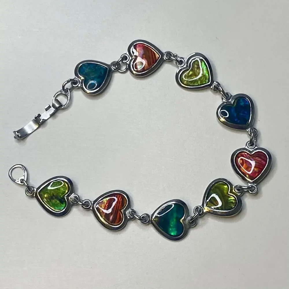 Multi Color Silver Tone Abalone Shell Heart Link Bracelet Vintage Y2K